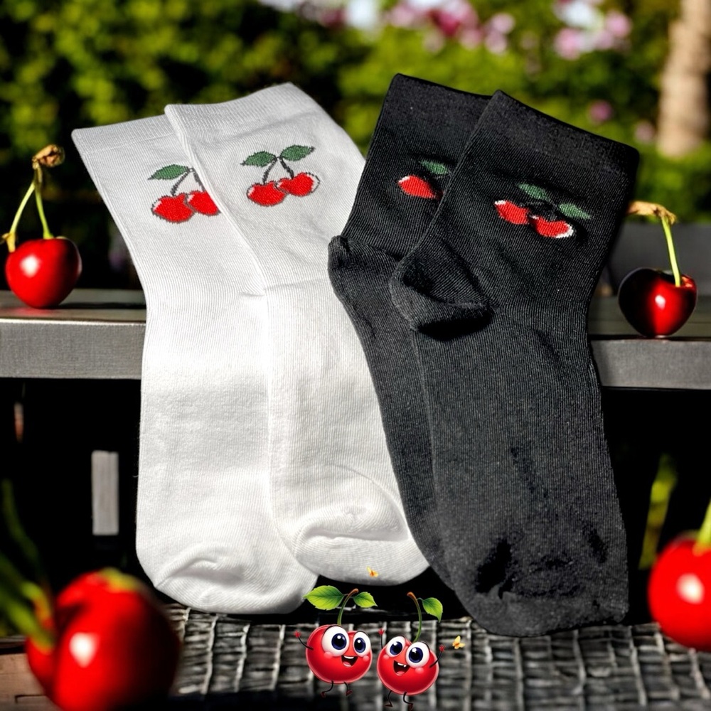 CHERRY ANKLE SOCKS - Set Of 2 - Black & White Pair Women 9-11 EMBROIDERED